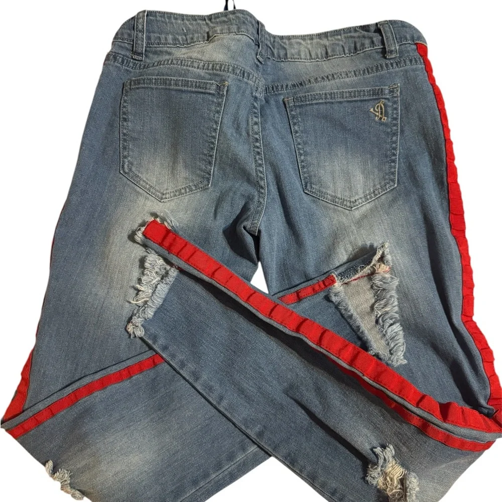 VIP Distressed Skinny Jeans with Red Trim - Picture 4 of 5